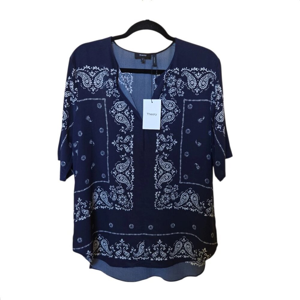 Theory Antazie Bandana Tile Paisley Print Navy Ivory Silk Paisley Women Top Sz L